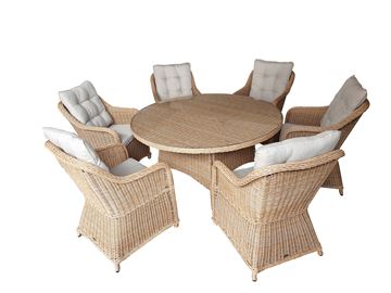 Havesæt model Sevilla. 6 stole + ø150cm bord i naturfarvet rundt polyrattan.